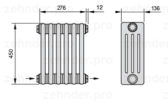 Схема (чертеж) Радиатор Zehnder Charleston 4045/6 №2670 Белый глянцевый RAL 9016